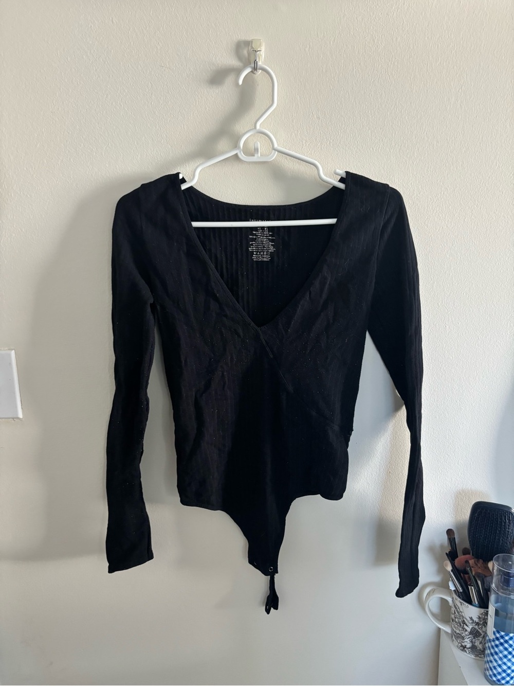 Free People Black Long-Sleeve V-Neck Bodysuit